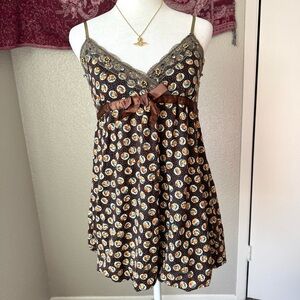 Babydoll Brown Floral Polka Dot Lace Trim Bow Small Womens Summer Y2K Fairy Cami